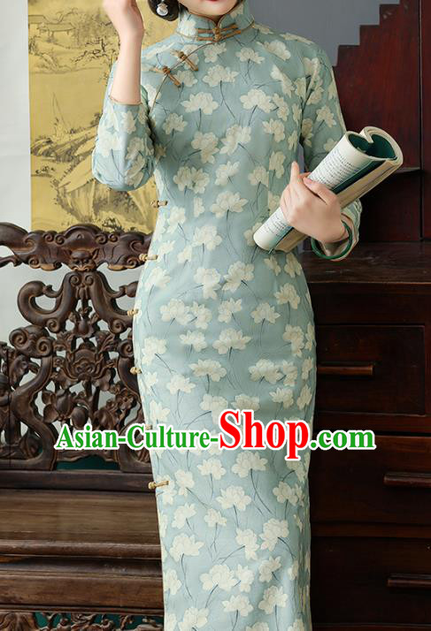 Chinese Traditional Young Lady Cheongsam National Woman Costume Classical Light Green Ramine Qipao Dress