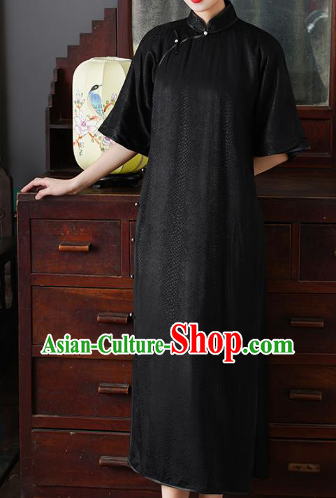 Chinese Traditional Stand Collar Cheongsam National Woman Costume Classical Black Silk Qipao Dress