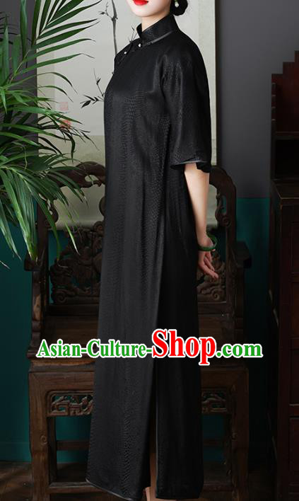 Chinese Traditional Stand Collar Cheongsam National Woman Costume Classical Black Silk Qipao Dress