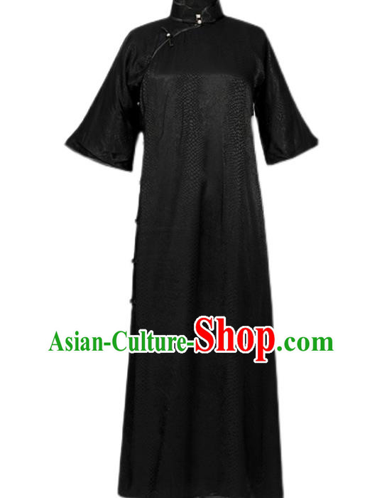 Chinese Traditional Stand Collar Cheongsam National Woman Costume Classical Black Silk Qipao Dress