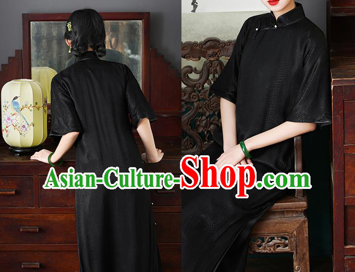 Chinese Traditional Stand Collar Cheongsam National Woman Costume Classical Black Silk Qipao Dress
