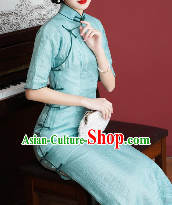 Chinese Classical Blue Tencel Qipao Dress Traditional Old Shanghai Cheongsam National Woman Costume