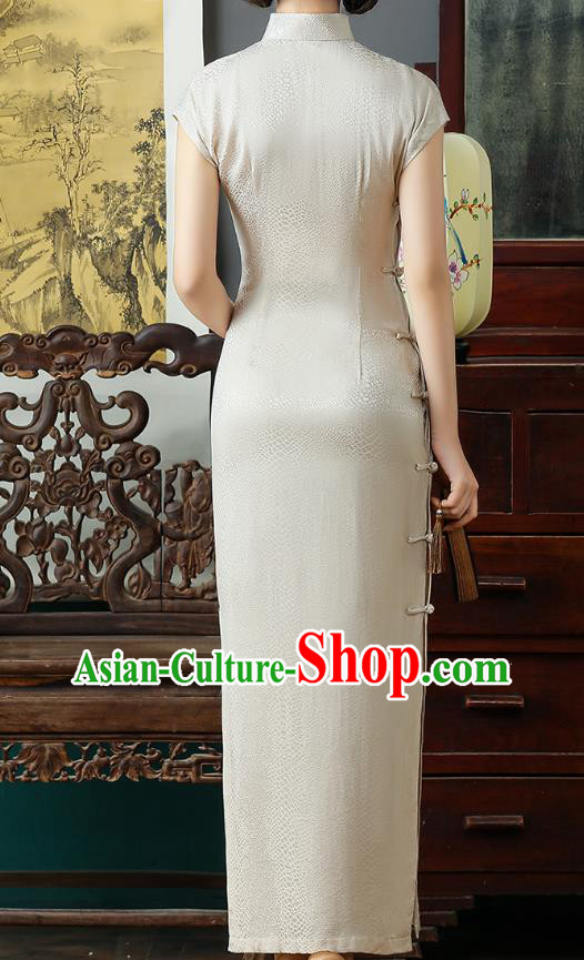 Chinese National Costume Beige Tencel Qipao Dress Traditional Slim Cheongsam Clothing