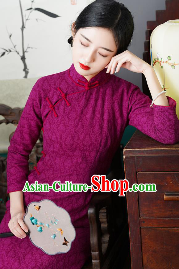 Chinese Traditional Jacquard Rosy Cheongsam National Young Lady Costume Classical Qipao Dress
