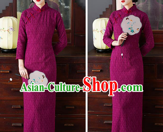 Chinese Traditional Jacquard Rosy Cheongsam National Young Lady Costume Classical Qipao Dress