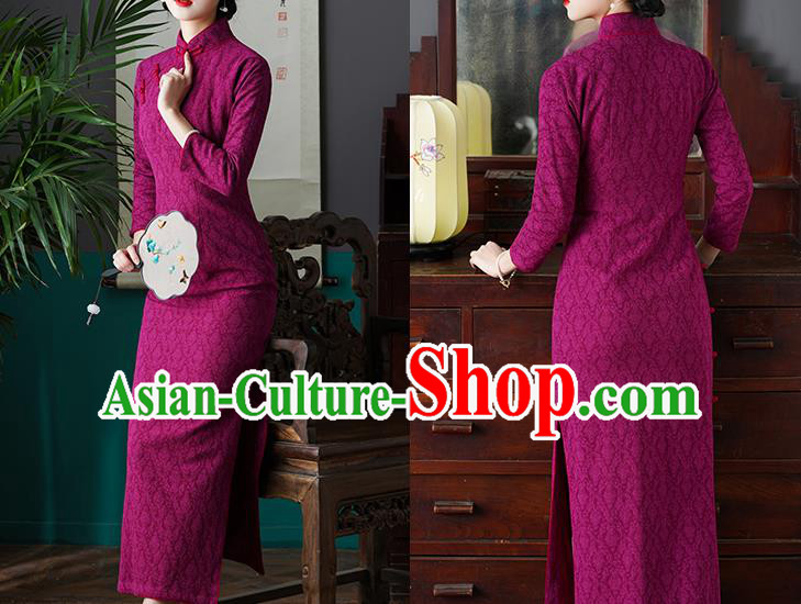 Chinese Traditional Jacquard Rosy Cheongsam National Young Lady Costume Classical Qipao Dress