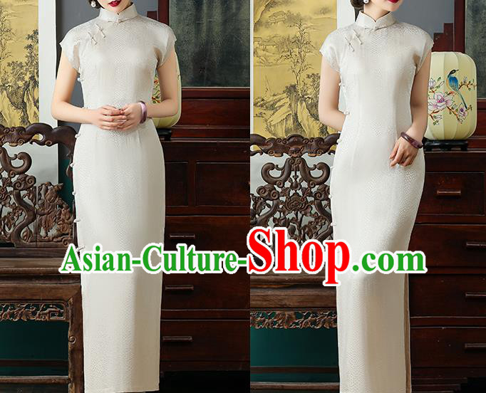 Chinese National Costume Beige Tencel Qipao Dress Traditional Slim Cheongsam Clothing