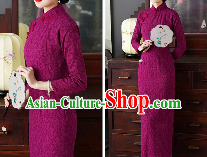 Chinese Traditional Jacquard Rosy Cheongsam National Young Lady Costume Classical Qipao Dress