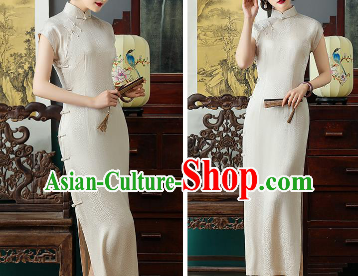 Chinese National Costume Beige Tencel Qipao Dress Traditional Slim Cheongsam Clothing