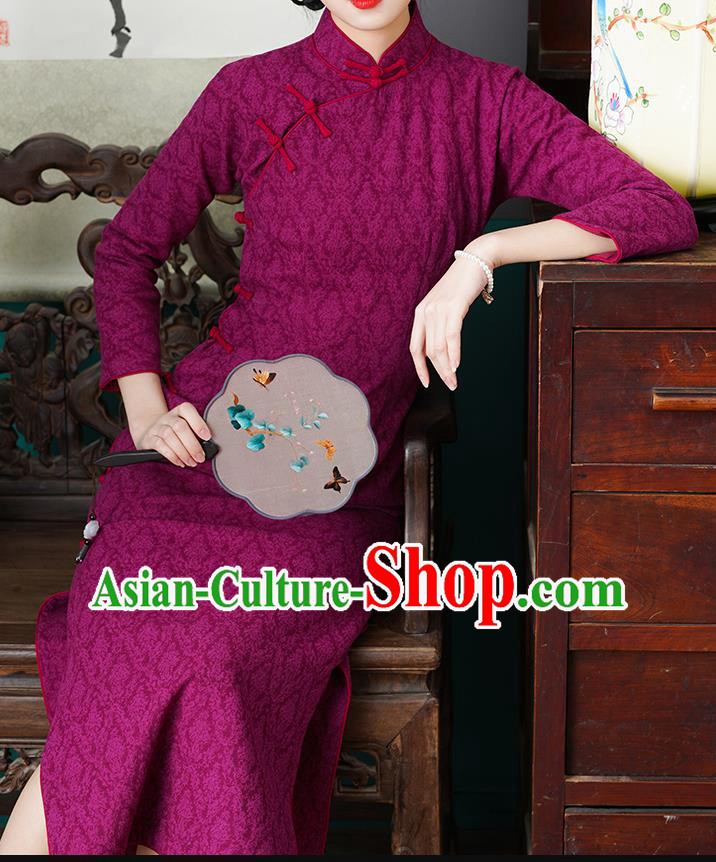 Chinese Traditional Jacquard Rosy Cheongsam National Young Lady Costume Classical Qipao Dress