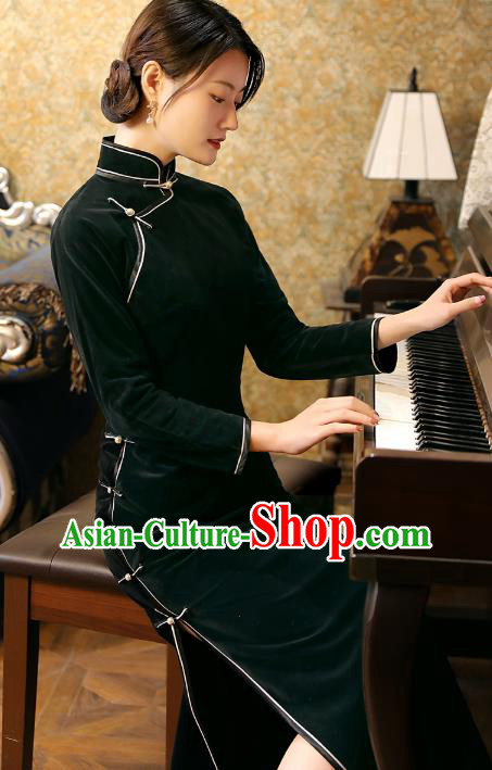 Chinese Traditional Black Velvet Cheongsam Classical Qipao Dress National Shanghai Woman Costume