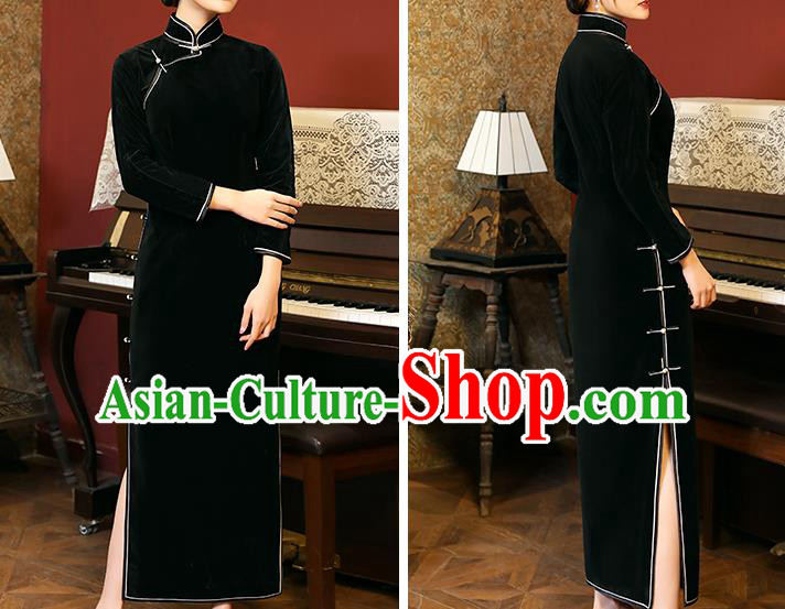 Chinese Traditional Black Velvet Cheongsam Classical Qipao Dress National Shanghai Woman Costume