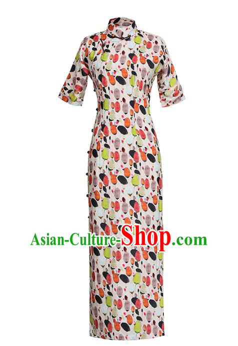 Chinese Traditional Slim Cheongsam Clothing National Costume Printing Tencel Qipao Dress