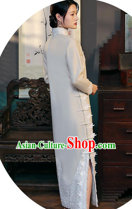 Chinese National Shanghai Woman Costume Traditional Beige Woolen Cheongsam Classical Lace Qipao Dress