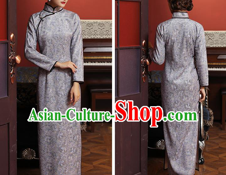 Chinese Classical Lilac Lace Qipao Dress National Tang Suit Costume Traditional Stand Collar Cheongsam