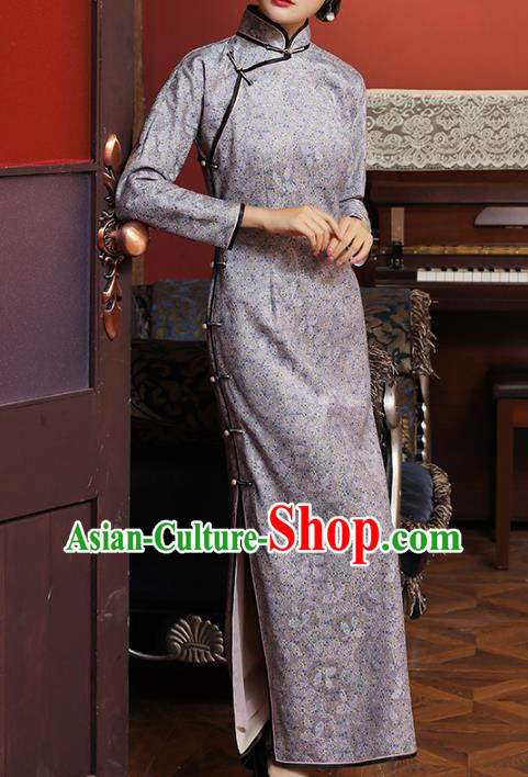 Chinese Classical Lilac Lace Qipao Dress National Tang Suit Costume Traditional Stand Collar Cheongsam