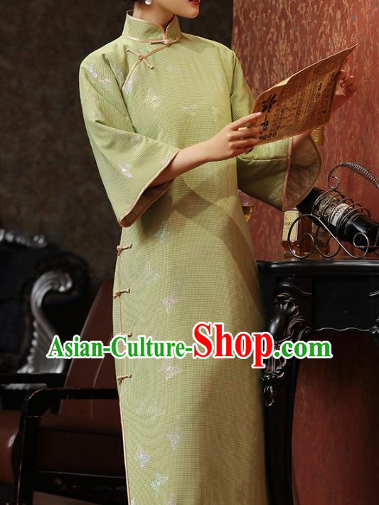 Chinese Classical Butterfly Pattern Qipao Dress National Shanghai Woman Costume Traditional Light Green Cheongsam