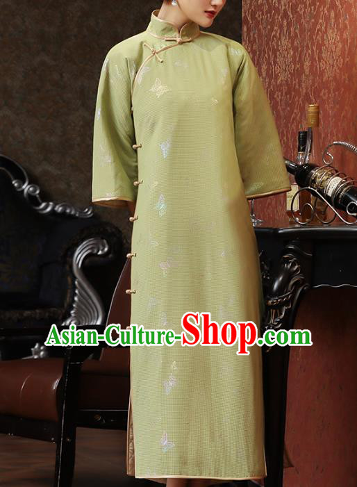 Chinese Classical Butterfly Pattern Qipao Dress National Shanghai Woman Costume Traditional Light Green Cheongsam