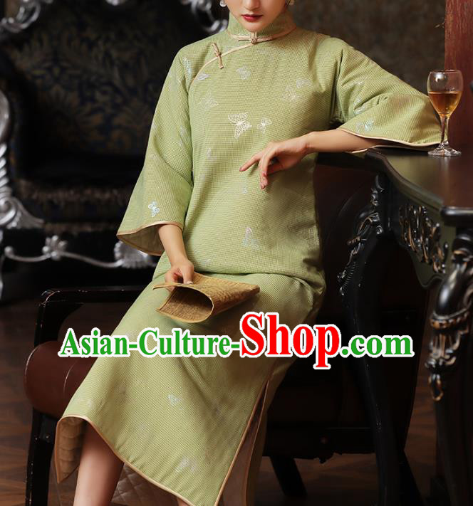 Chinese Classical Butterfly Pattern Qipao Dress National Shanghai Woman Costume Traditional Light Green Cheongsam