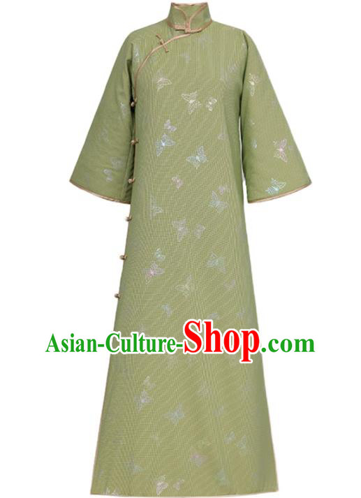 Chinese Classical Butterfly Pattern Qipao Dress National Shanghai Woman Costume Traditional Light Green Cheongsam