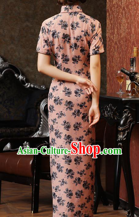 Chinese Classical Printing Chiffon Qipao Dress National Young Lady Costume Traditional Pink Cheongsam