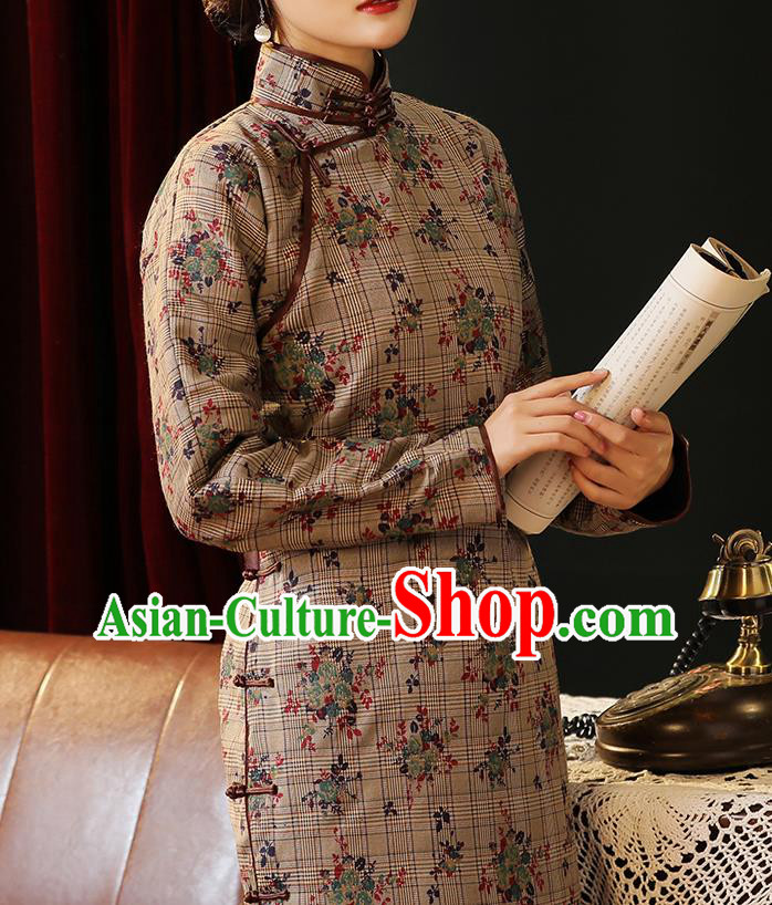 Chinese National Young Woman Costume Traditional Winter Cheongsam Classical Khaki Qipao Dress
