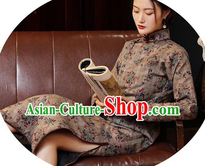 Chinese National Young Woman Costume Traditional Winter Cheongsam Classical Khaki Qipao Dress