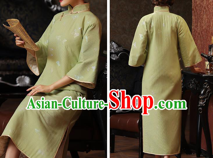 Chinese Classical Butterfly Pattern Qipao Dress National Shanghai Woman Costume Traditional Light Green Cheongsam