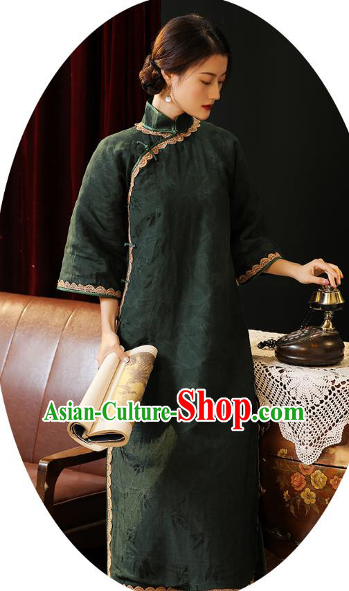 Chinese Traditional Dark Green Cheongsam Classical Wide Sleeve Qipao Dress National Rich Mistress Costume