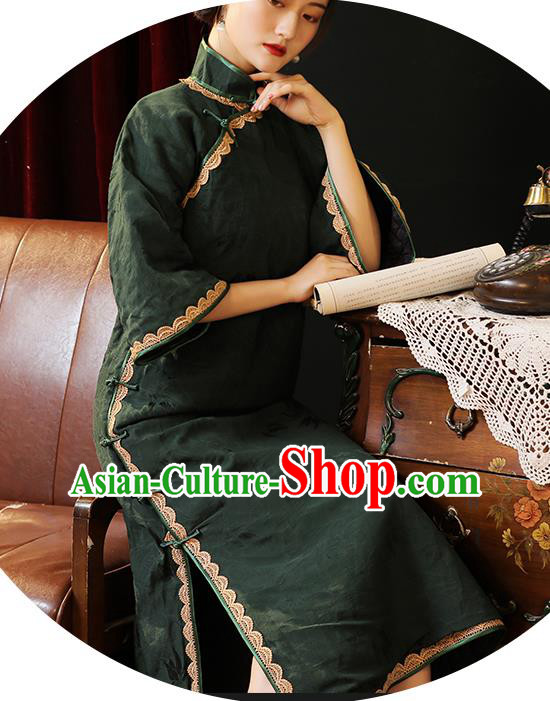 Chinese Traditional Dark Green Cheongsam Classical Wide Sleeve Qipao Dress National Rich Mistress Costume