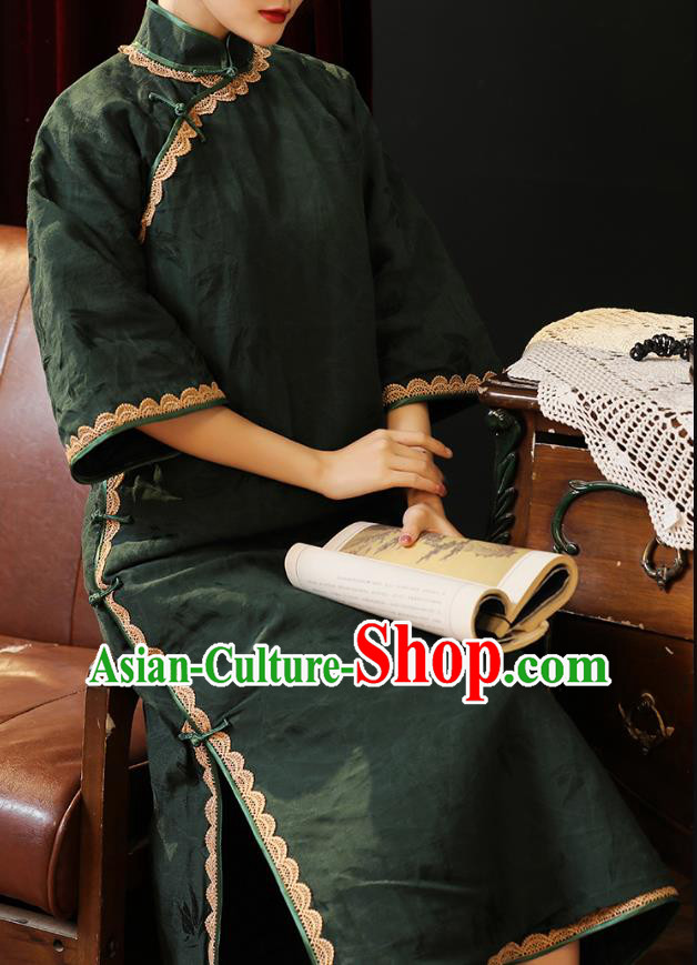 Chinese Traditional Dark Green Cheongsam Classical Wide Sleeve Qipao Dress National Rich Mistress Costume