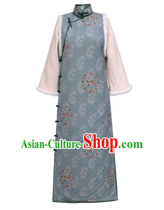 Chinese Classical Winter Qipao Dress National Shanghai Woman Costume Traditional Printing Cotton Wadded Cheongsam