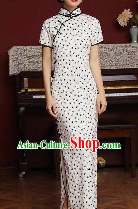 Chinese Classical White Chiffon Qipao Dress National Shanghai Costume Traditional Printing Cheongsam