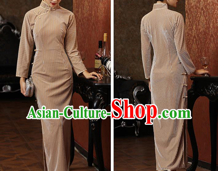 Chinese Classical Dance Qipao Dress National Shanghai Lady Costume Traditional Pleuche Cheongsam