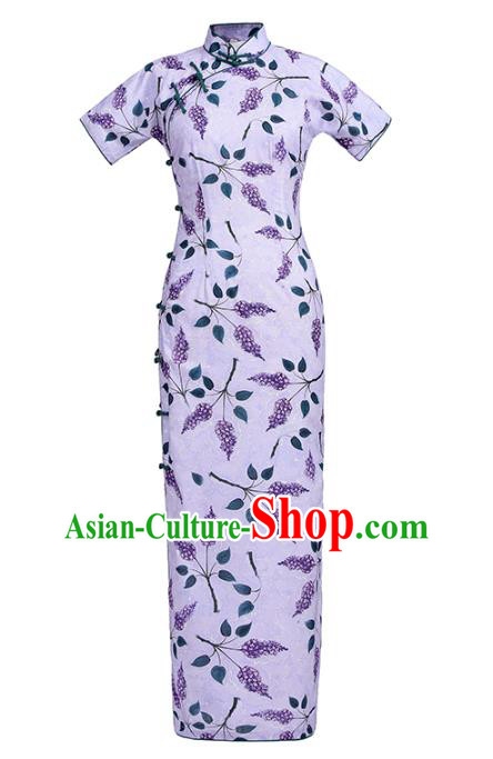 Chinese Traditional Printing Violet Cheongsam Classical Qipao Dress National Shanghai Lady Costume
