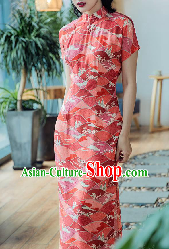Republic of China Classical Printing Cheongsam Traditional Young Lady Red Qipao Dress Costume