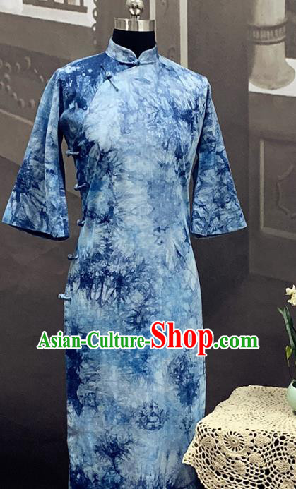 Republic of China Young Lady Cheongsam Costume Traditional Tie Dye Blue Flax Qipao Dress