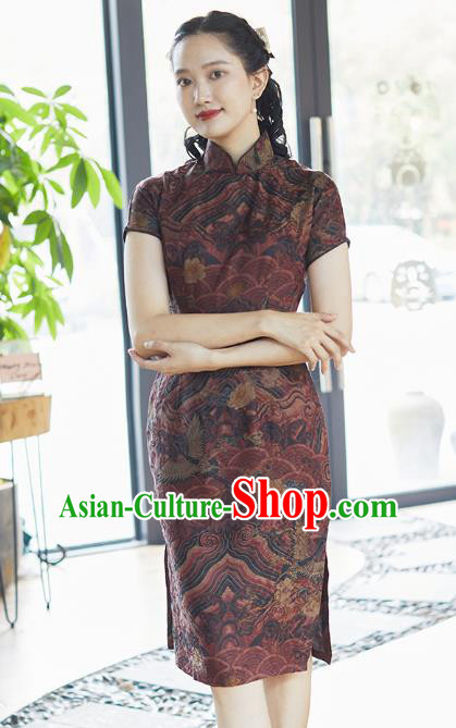 Republic of China Traditional Stage Performance Brown Silk Qipao Dress Classical Waves Pattern Short Cheongsam Costume