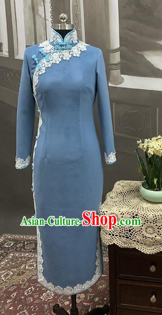 Republic of China Classical Young Lady Winter Cheongsam Costume Traditional Blue Woolen Qipao Dress
