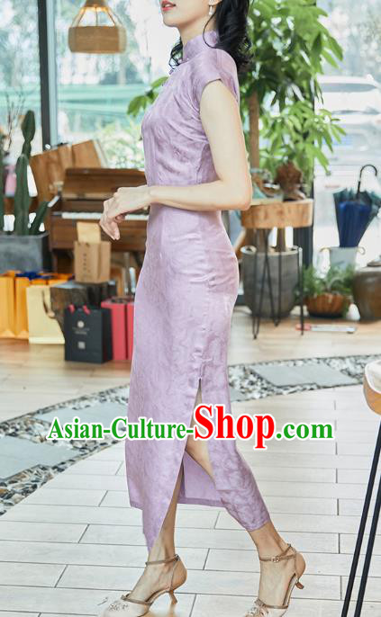 Republic of China Classical Lilac Silk Cheongsam Costume Traditional Jacquard Brocade Qipao Dress