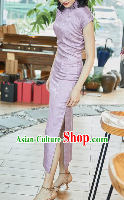 Republic of China Classical Lilac Silk Cheongsam Costume Traditional Jacquard Brocade Qipao Dress