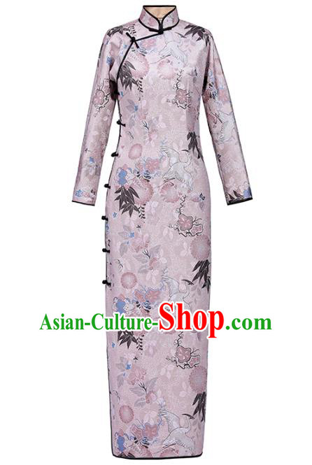 Chinese Traditional Printing Pink Cheongsam National Shanghai Lady Costume Classical Qipao Dress