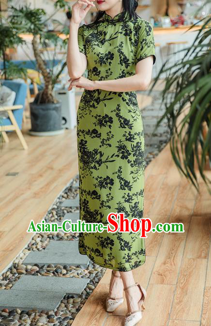 Republic of China Shanghai Beauty Classical Cheongsam Costume Traditional Printing Green Chiffon Qipao Dress