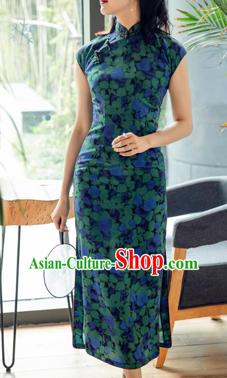 Republic of China Printing Chiffon Cheongsam Costume Traditional Minguo Old Shanghai Qipao Dress