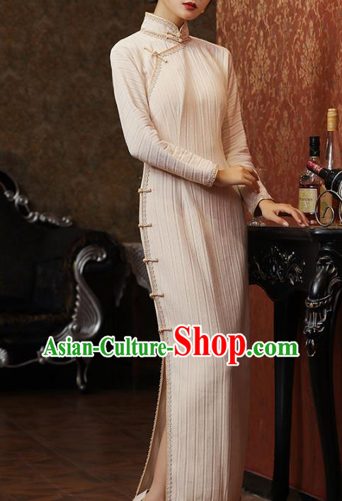 Chinese Traditional Young Lady Cheongsam National Old Shanghai Costume Classical Beige Qipao Dress
