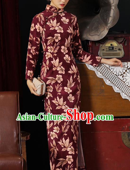 Chinese Traditional Wine Red Corduroy Cheongsam Classical Stand Collar Qipao Dress National Shanghai Beauty Costume