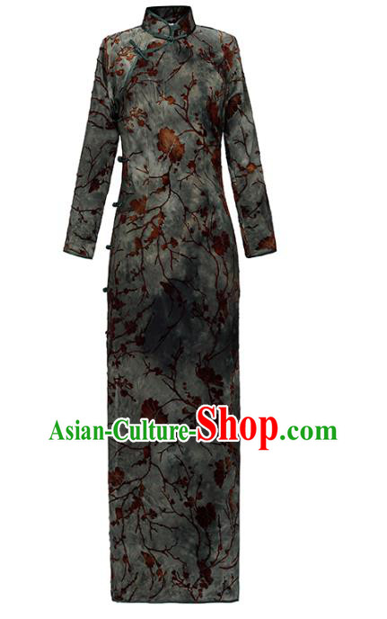 Chinese Classical Green Flocking Qipao Dress Traditional Shanghai Woman Cheongsam National Costume