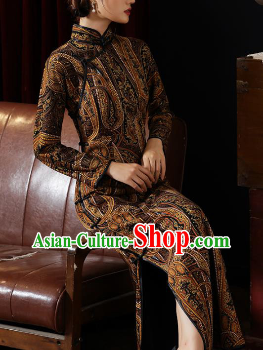 Chinese Classical Printing Brown Qipao Dress Traditional Shanghai Cheongsam National Young Lady Costume