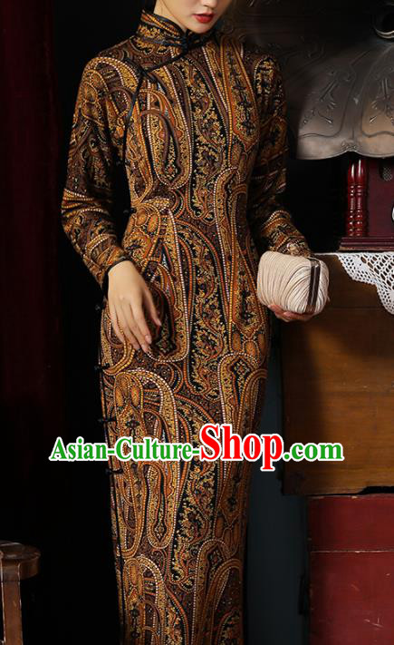 Chinese Classical Printing Brown Qipao Dress Traditional Shanghai Cheongsam National Young Lady Costume