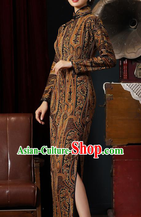 Chinese Classical Printing Brown Qipao Dress Traditional Shanghai Cheongsam National Young Lady Costume